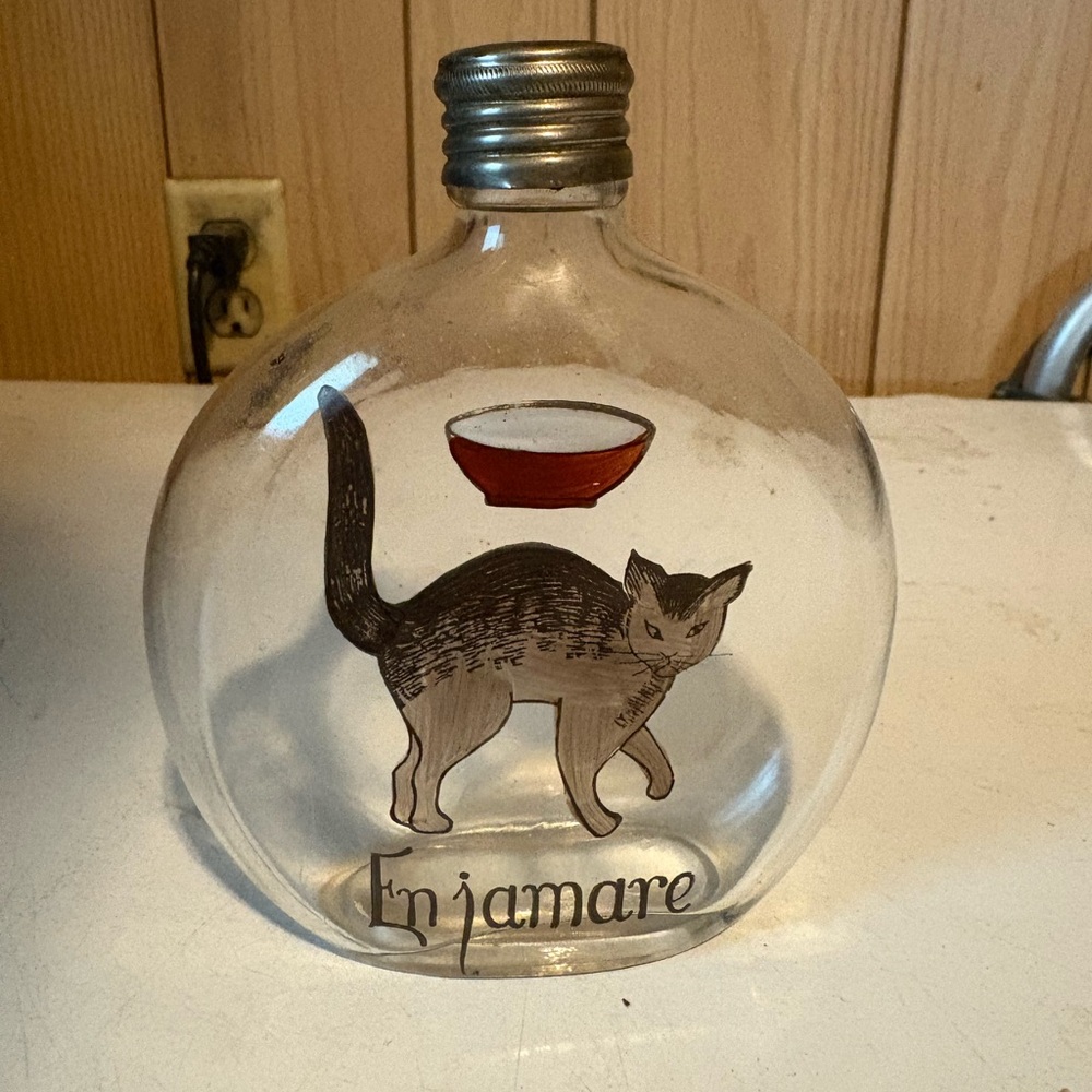 Vintage Glass Bottle with Cat Design